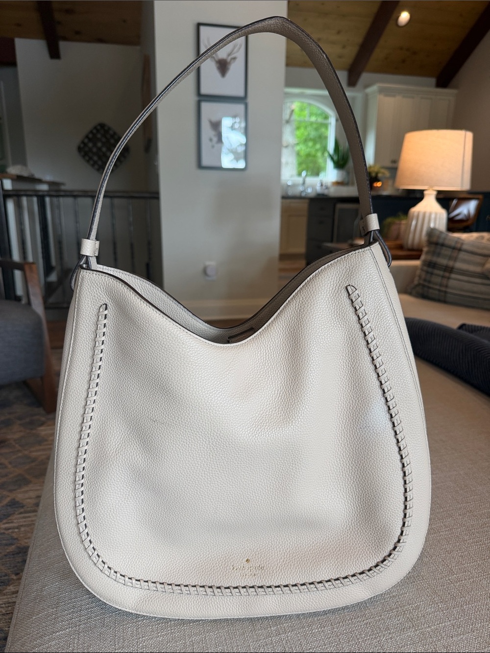 kate spade Cream Pebbled Leather Hobo Shoulder Bag with Whipstitch Trim